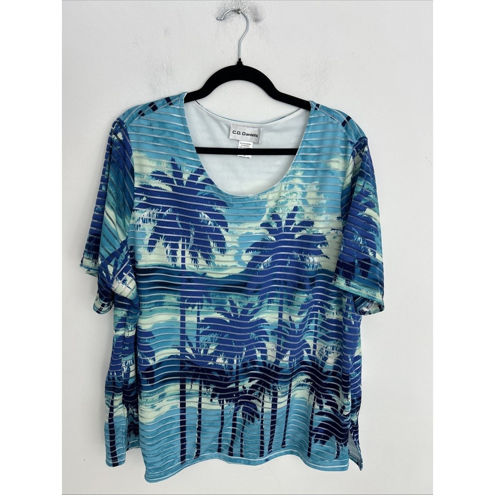 C.D. Daniels Size 1X Tropical Palm Trees Beach Scene Blues Short Sleeve Blouse‎